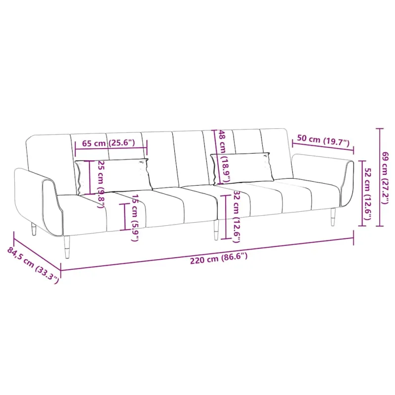Dvivietė sofa-lova su dvejomis pagalvėmis, rožinė, aksomas