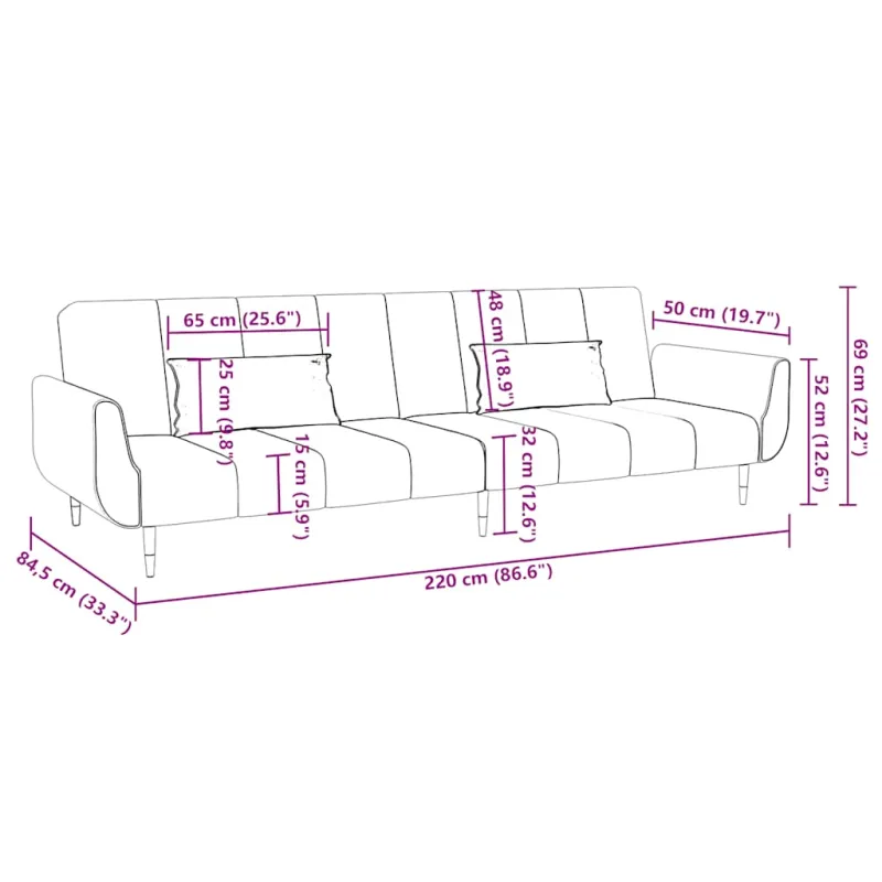 Dvivietė sofa-lova su dvejomis pagalvėmis, vyno, aksomas