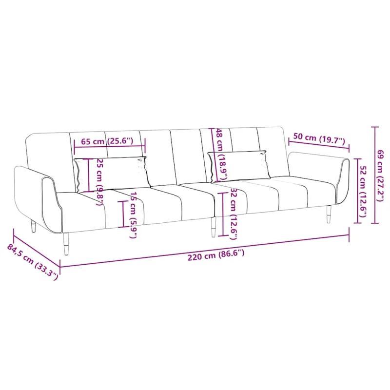 Dvivietė sofa-lova su dvejomis pagalvėmis, geltona, aksomas