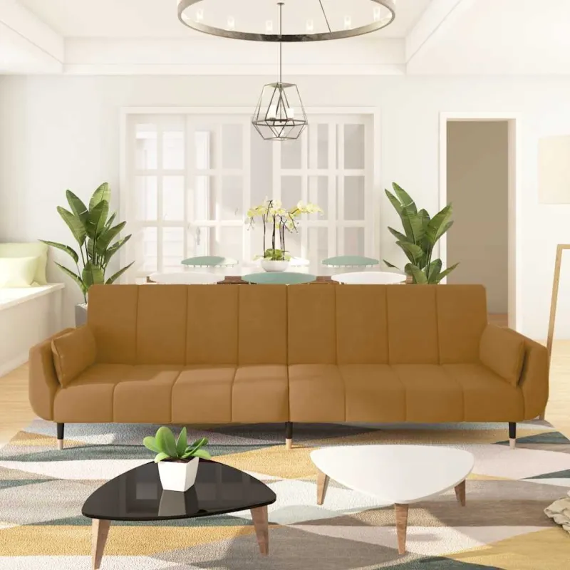 Dvivietė sofa-lova su dvejomis pagalvėmis, ruda, aksomas