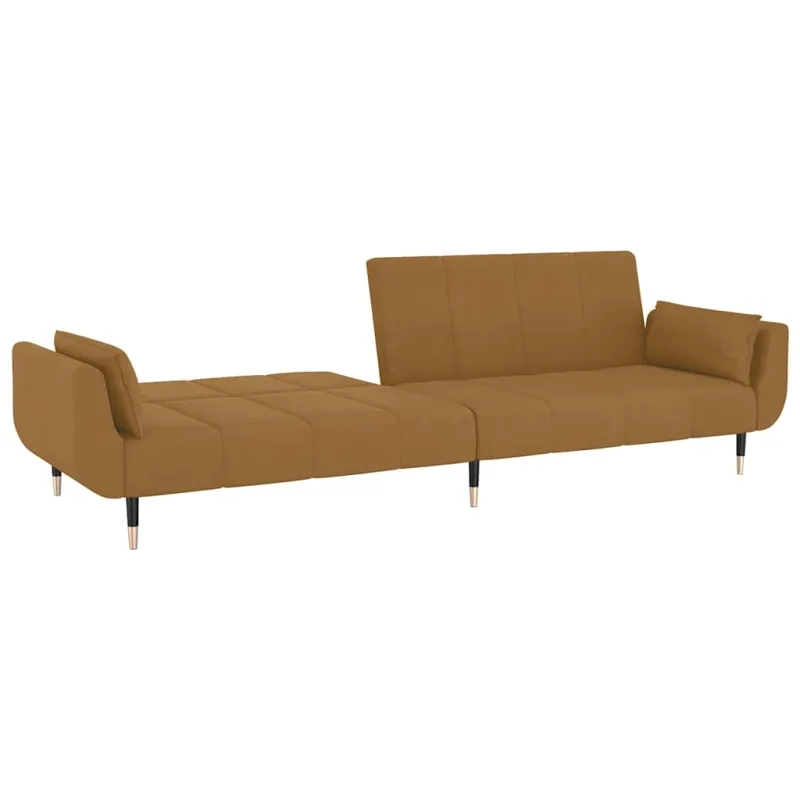 Dvivietė sofa-lova su dvejomis pagalvėmis, ruda, aksomas