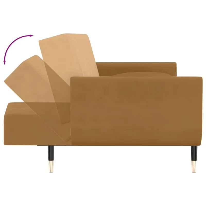 Dvivietė sofa-lova su dvejomis pagalvėmis, ruda, aksomas