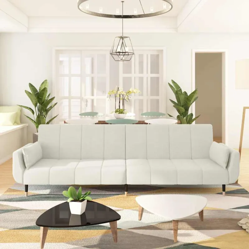 Dvivietė sofa-lova su dvejomis pagalvėmis, kreminė, aksomas