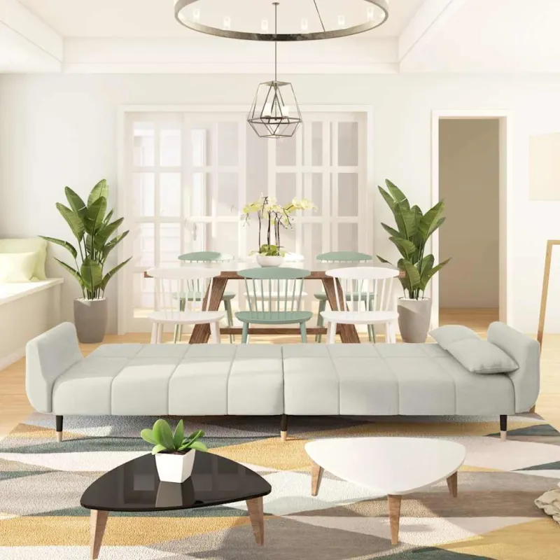 Dvivietė sofa-lova su dvejomis pagalvėmis, kreminė, aksomas