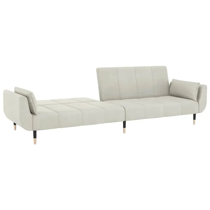 Dvivietė sofa-lova su dvejomis pagalvėmis, kreminė, aksomas