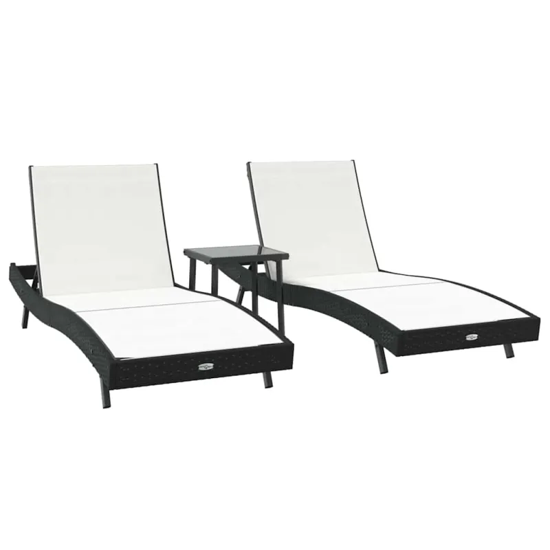 Saulės gultas 3 pcs Juoda ir Balta 197 x 70 x 82 cm poliratanas