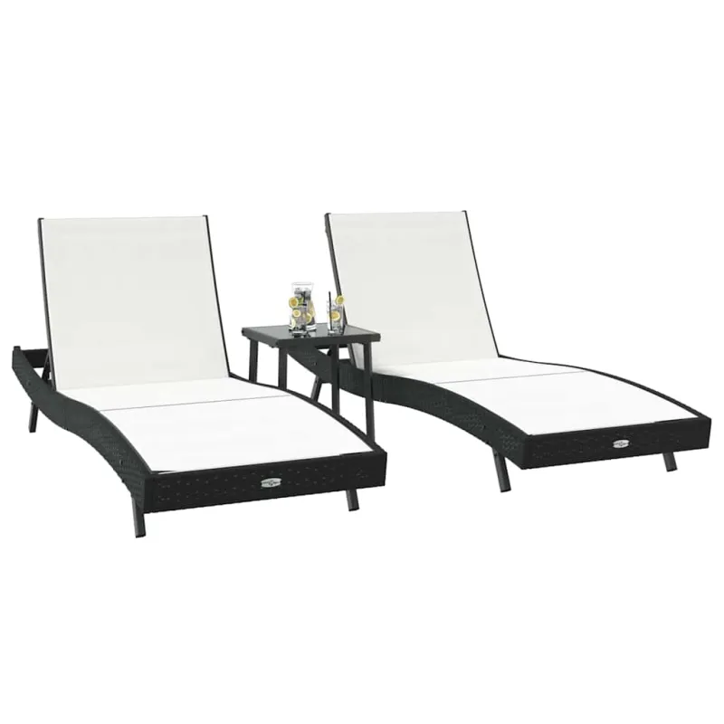 Saulės gultas 3 pcs Juoda ir Balta 197 x 70 x 82 cm poliratanas