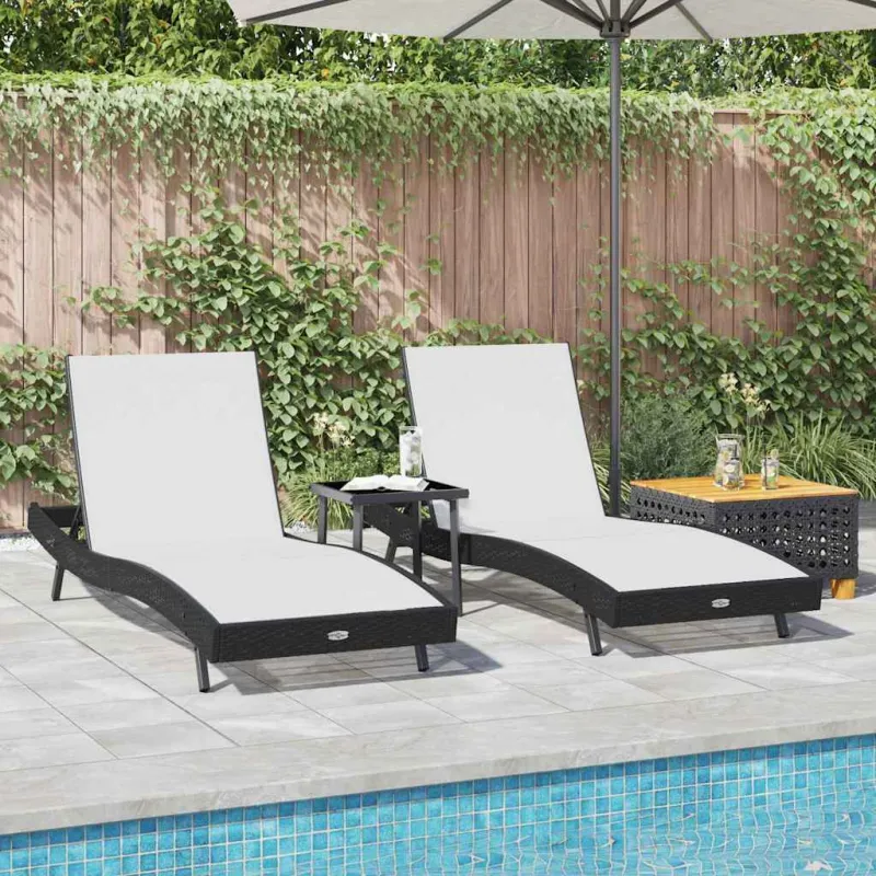 Saulės gultas 3 pcs Juoda ir Balta 197 x 70 x 82 cm poliratanas