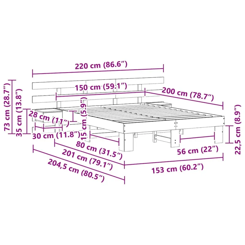 Lovos rėmas Balta 150 x 200 cm Kietos pušies mediena