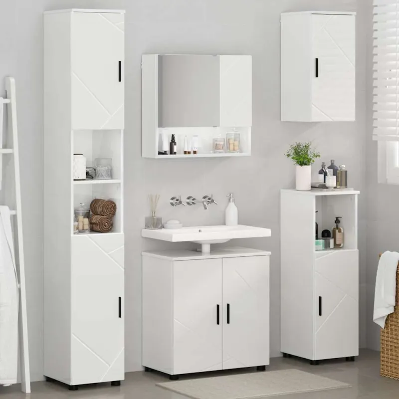 Vonios baldų rinkinys su saugykla 5 pcs Aukštai blizganti balta