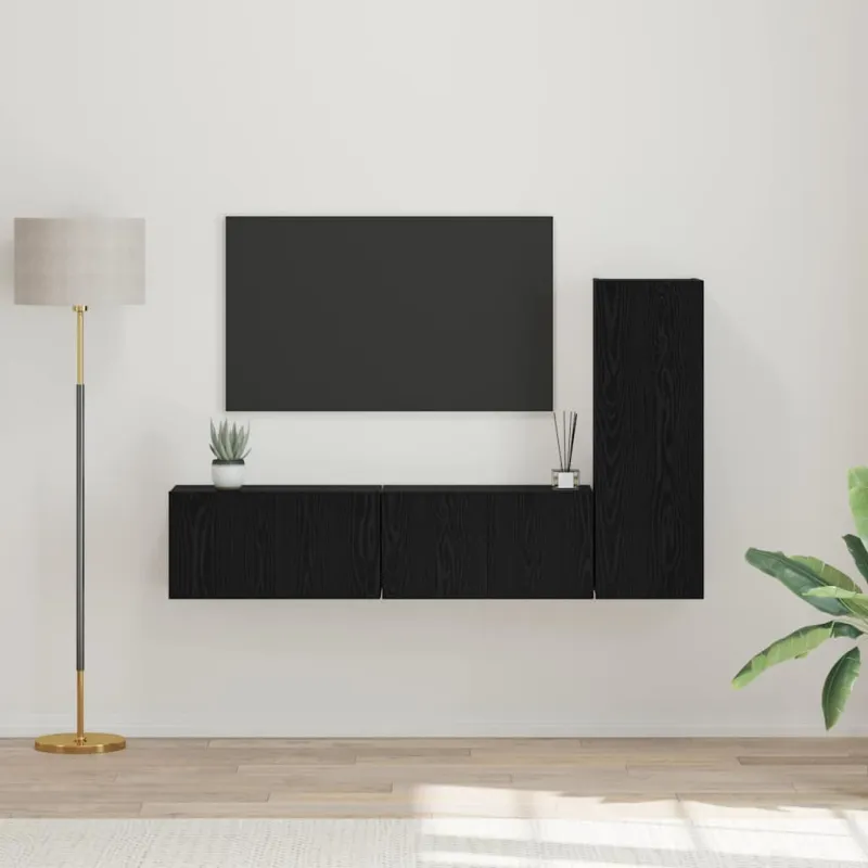 TV spintelių komplektas 3 pcs Juodas ąžuolas Apdirbta mediena
