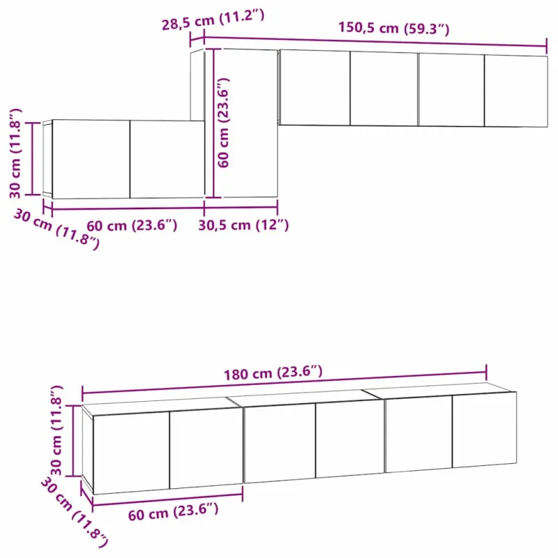 TV spintelių komplektas 7 pcs Juodas ąžuolas Apdirbta mediena