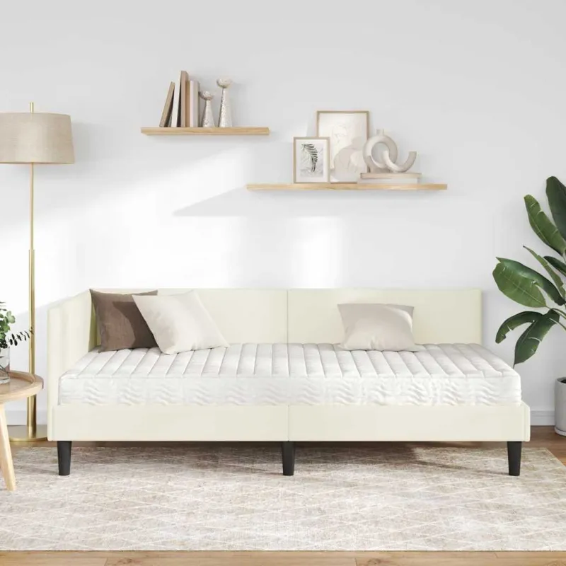 Kampinė lovos konstrukcija su čiužiniu 2 pcs Kreminė Aksomas