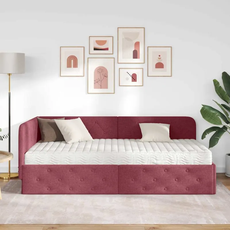 Kampinė lovos konstrukcija Vyno raudona 90 x 190 cm audinys