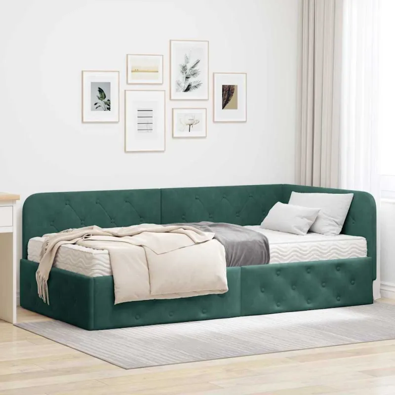 Kampinė lovos konstrukcija Tamsiai žalia 90 x 200 cm Aksomas