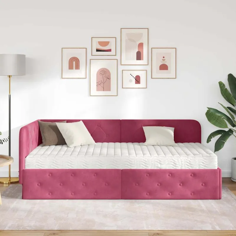 Kampinė lovos konstrukcija Vyno raudona 90 x 200 cm Aksomas