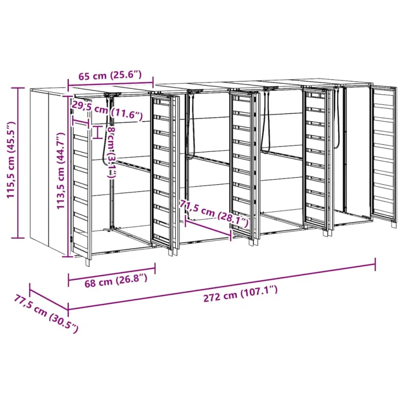Rato konteinerių laikymas 3 konteineriams 340 x 77.5 x 115.5 cm