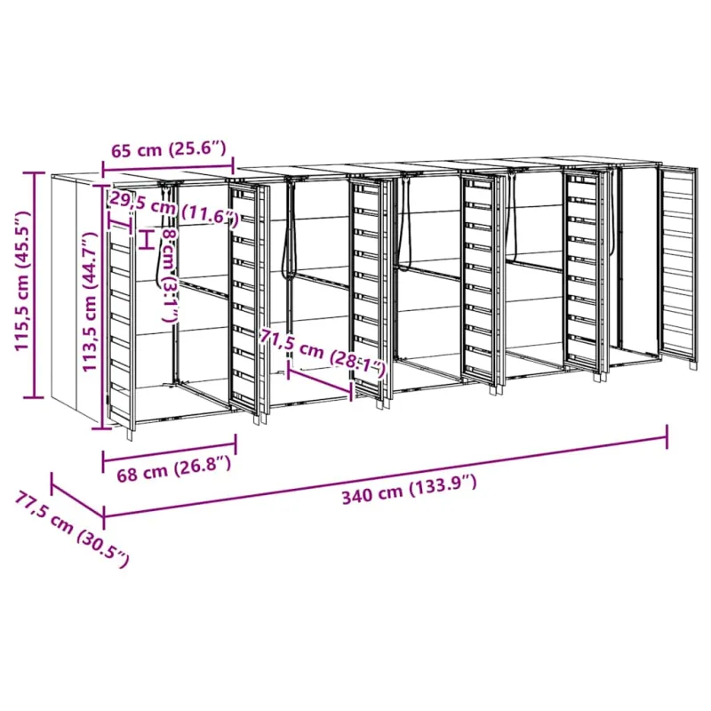 Rato konteinerių laikymas 3 konteineriams 340 x 77.5 x 115.5 cm
