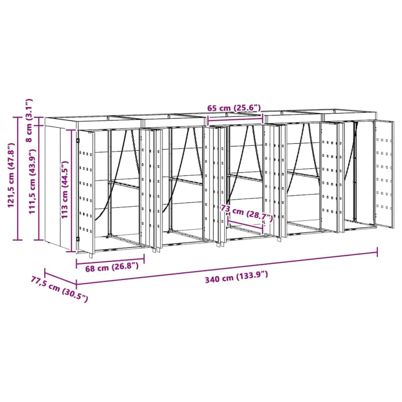 Rato konteinerių laikymas 3 konteineriams 340 x 77.5 x 115.5 cm