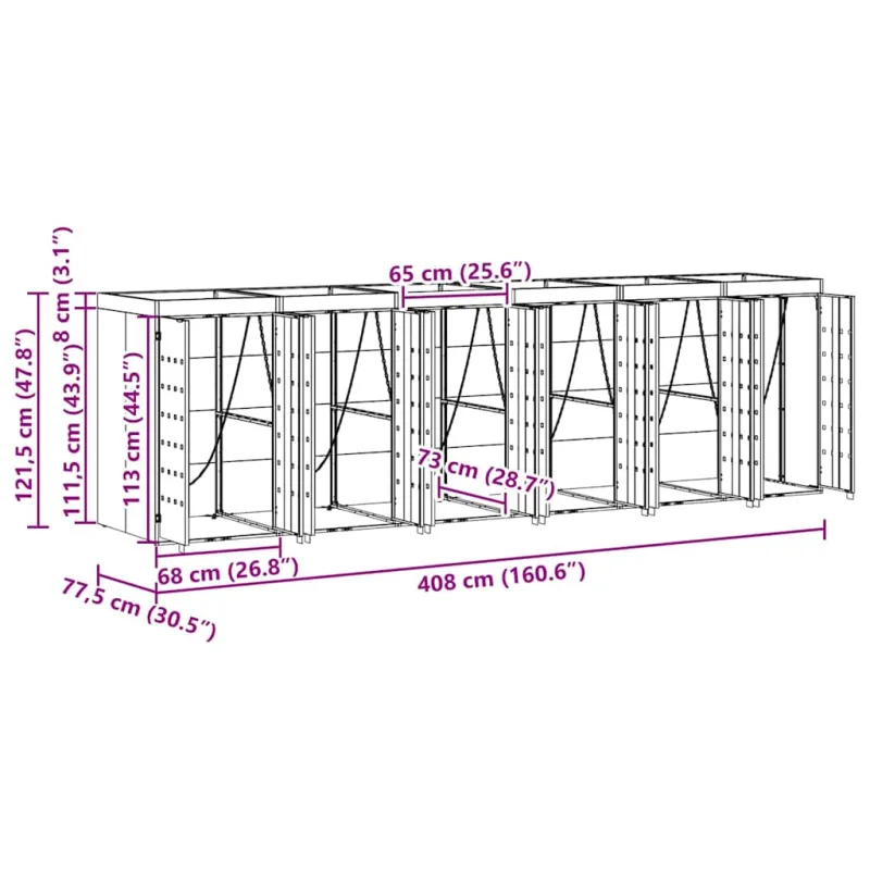 Rato konteinerių laikymas 3 konteineriams 340 x 77.5 x 115.5 cm