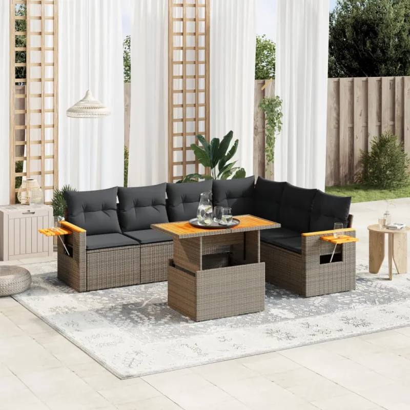 Sofos komplekti, 7 osaa, harmaa, polyrottinki ja tyynyt
