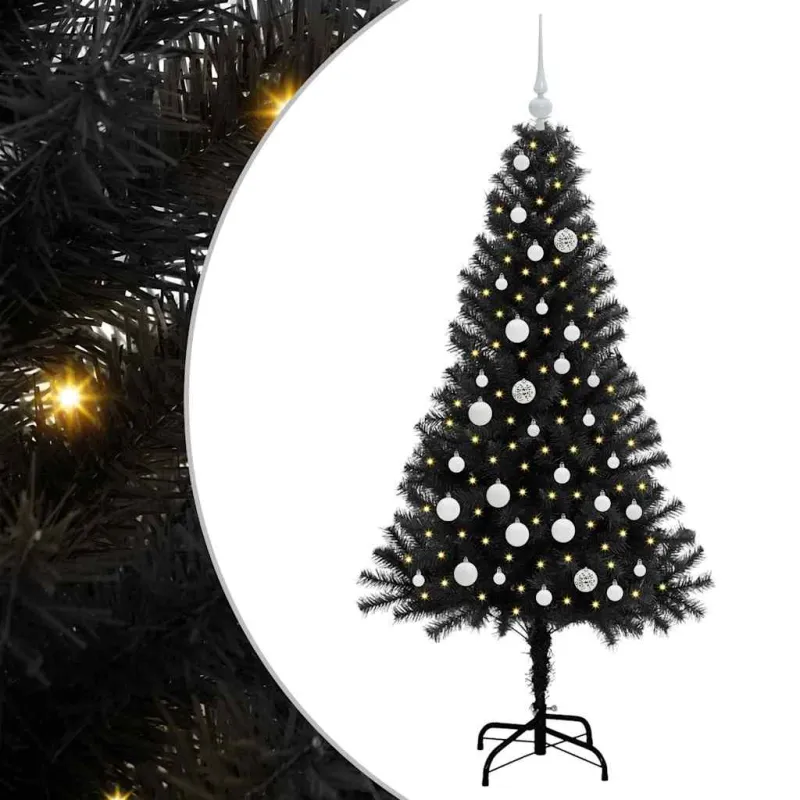 Kalėdų eglutė su 150 LED s stovu Juoda 150 cm PVC