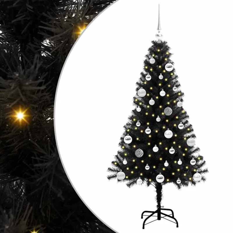 Kalėdų eglutė su 150 LED s stovu Juoda 150 cm PVC