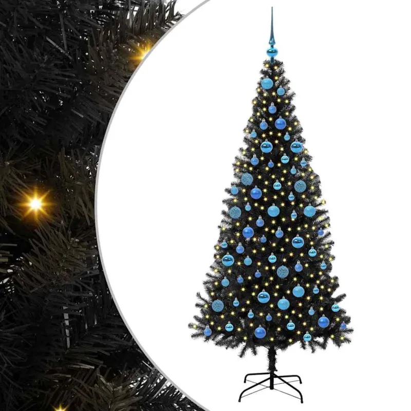 Kalėdų eglutė su 300 LED s stovu Juoda 180 cm PVC