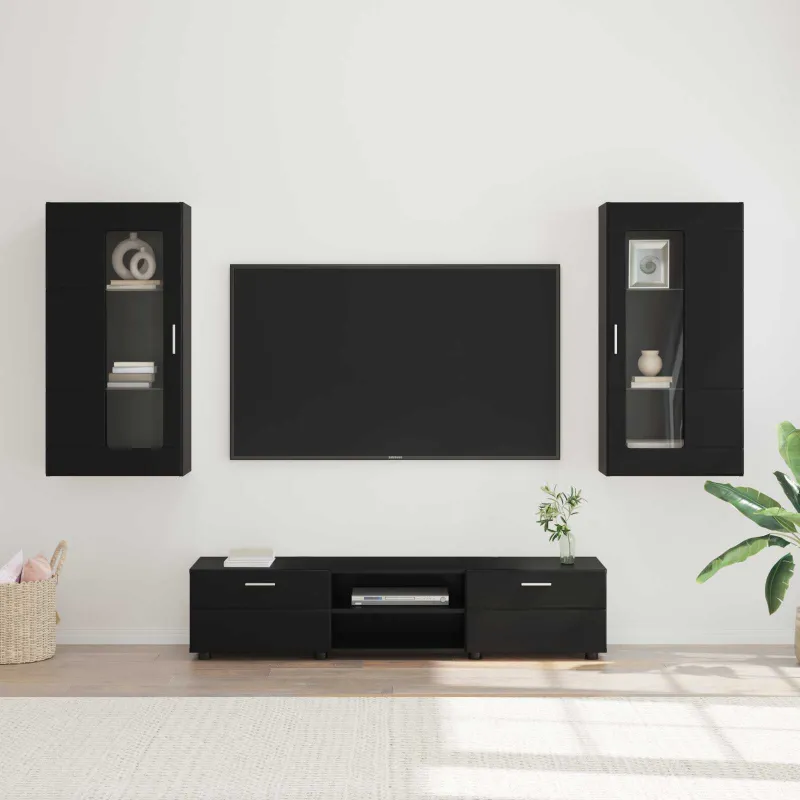 TV spintelių komplektas FLORIN 3 pcs Juoda Apdirbta mediena