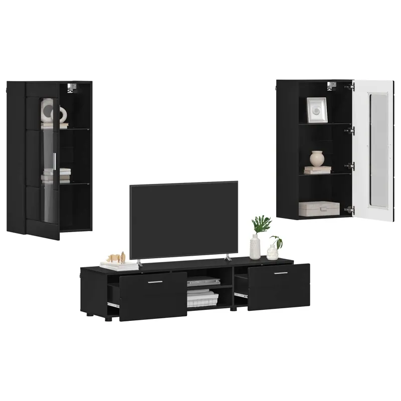 TV spintelių komplektas FLORIN 3 pcs Juoda Apdirbta mediena