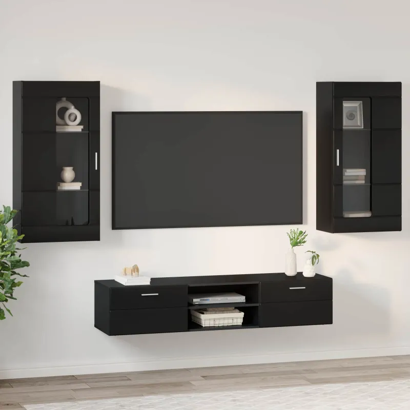 TV spintelių komplektas FLORIN 3 pcs Juoda Apdirbta mediena