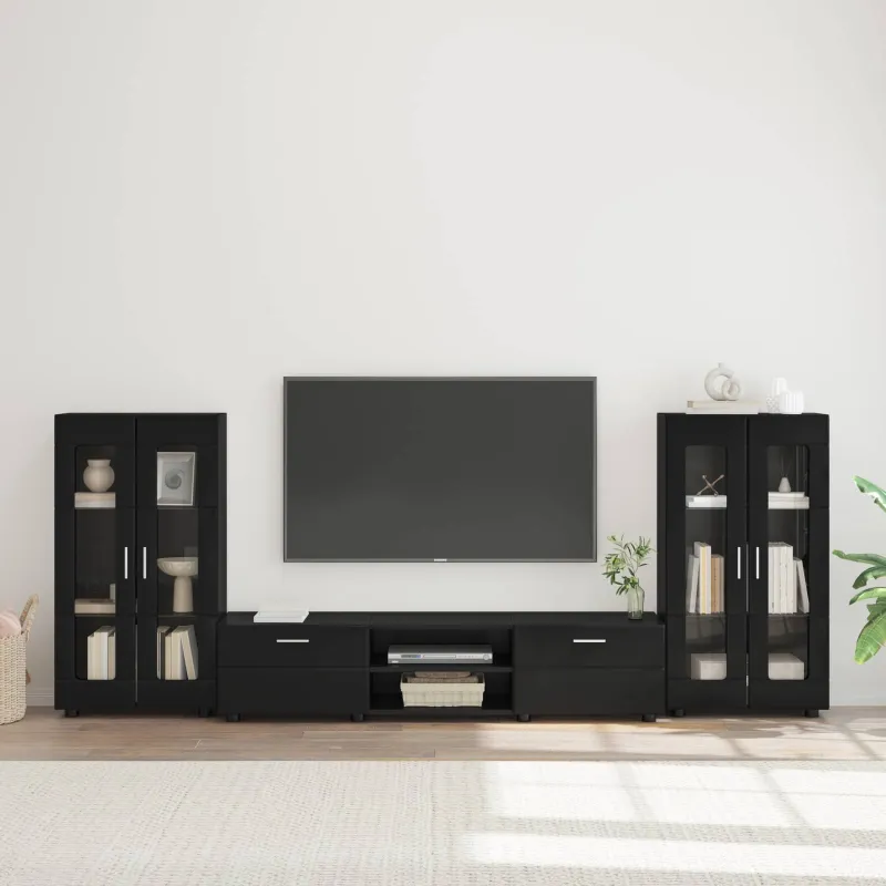 TV spintelių komplektas FLORIN 3 pcs Juoda Apdirbta mediena