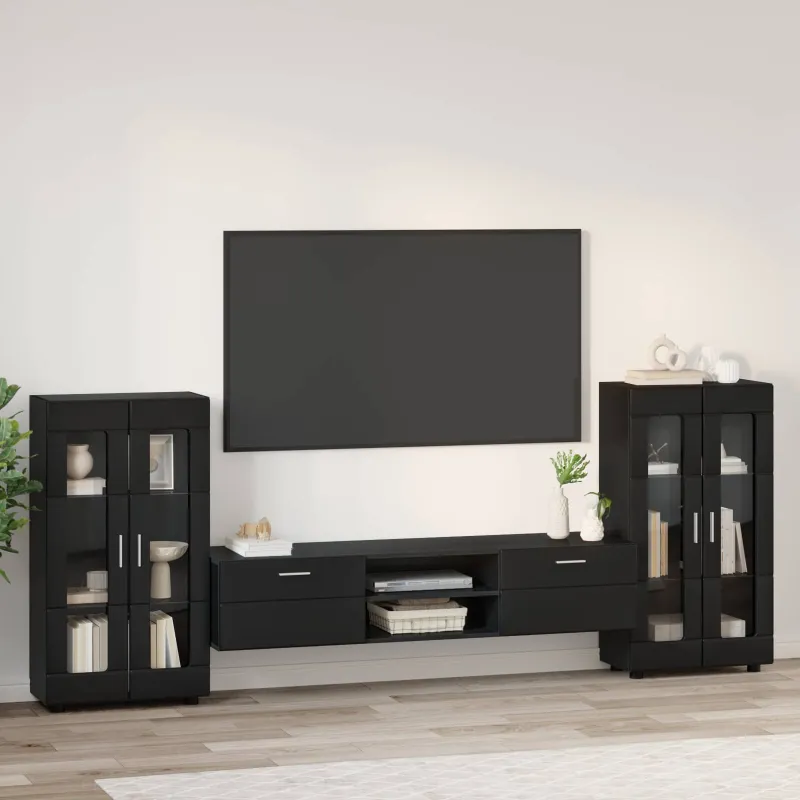 TV spintelių komplektas FLORIN 3 pcs Juoda Apdirbta mediena
