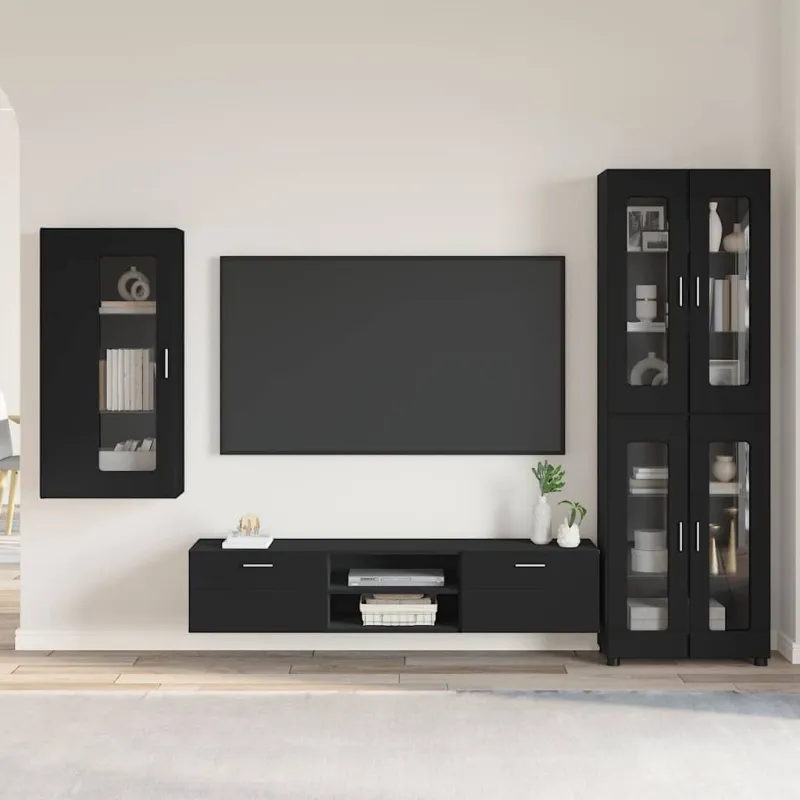 TV spintelių komplektas FLORIN 3 pcs Juoda Apdirbta mediena