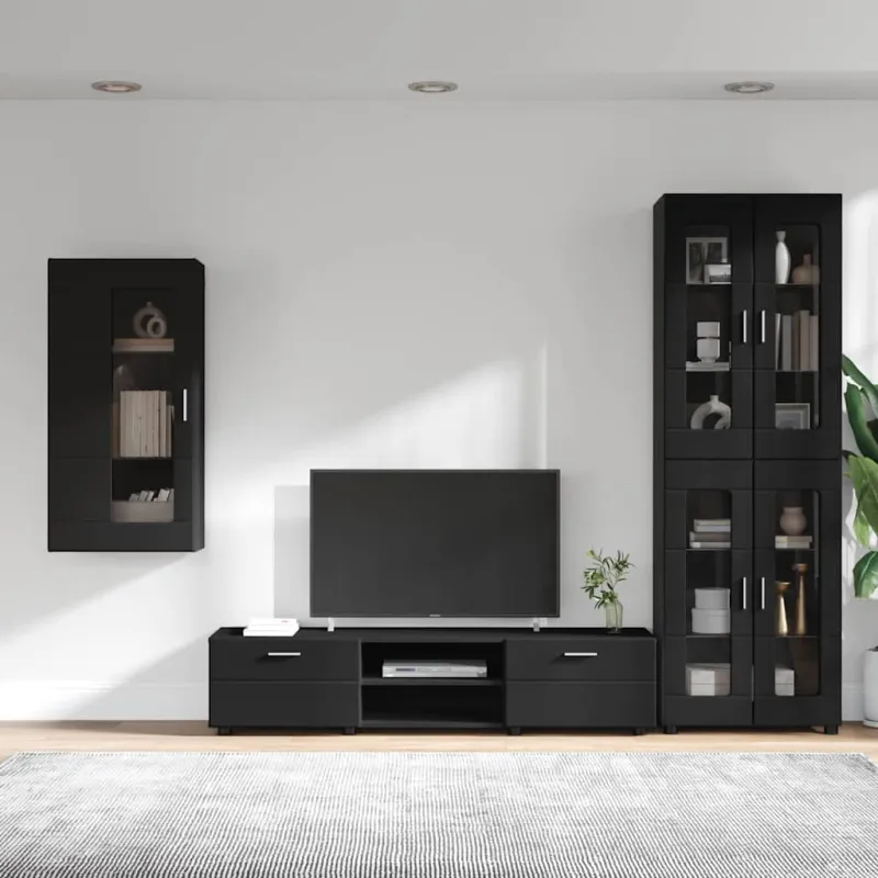 TV spintelių komplektas FLORIN 3 pcs Juoda Apdirbta mediena