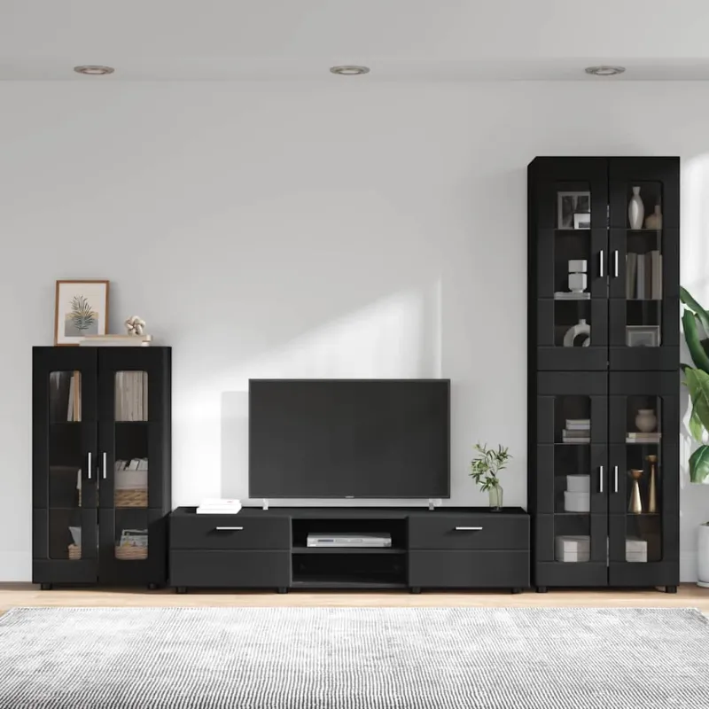 TV spintelių komplektas FLORIN 3 pcs Juoda Apdirbta mediena