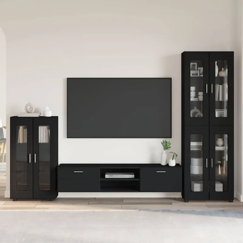 TV spintelių komplektas FLORIN 3 pcs Juoda Apdirbta mediena