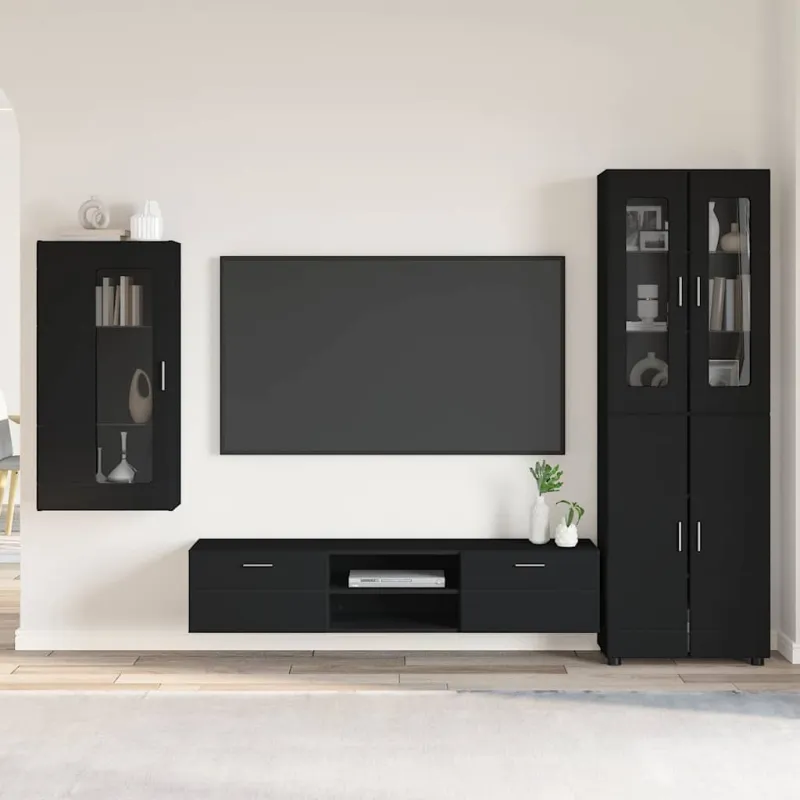 TV spintelių komplektas FLORIN 3 pcs Juoda Apdirbta mediena