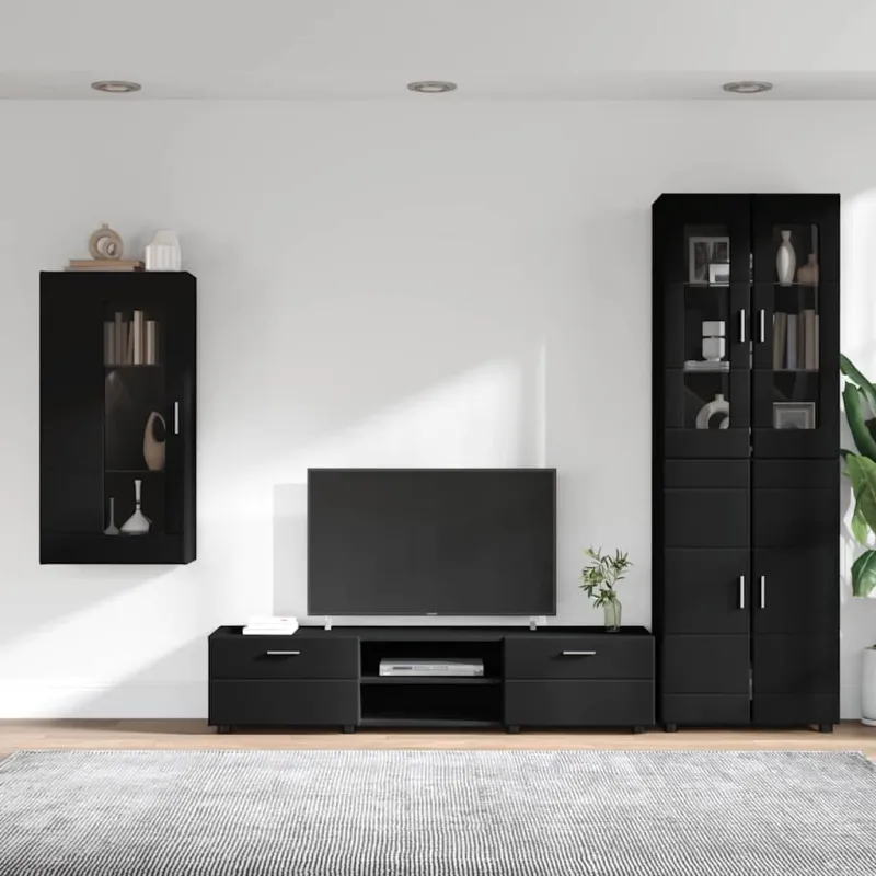 TV spintelių komplektas FLORIN 3 pcs Juoda Apdirbta mediena