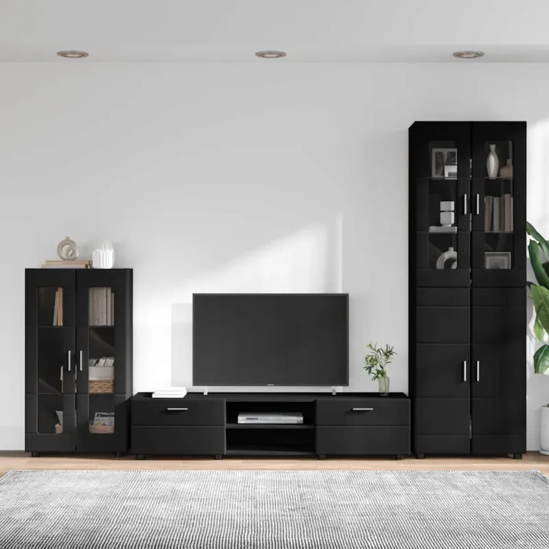 TV spintelių komplektas FLORIN 3 pcs Juoda Apdirbta mediena