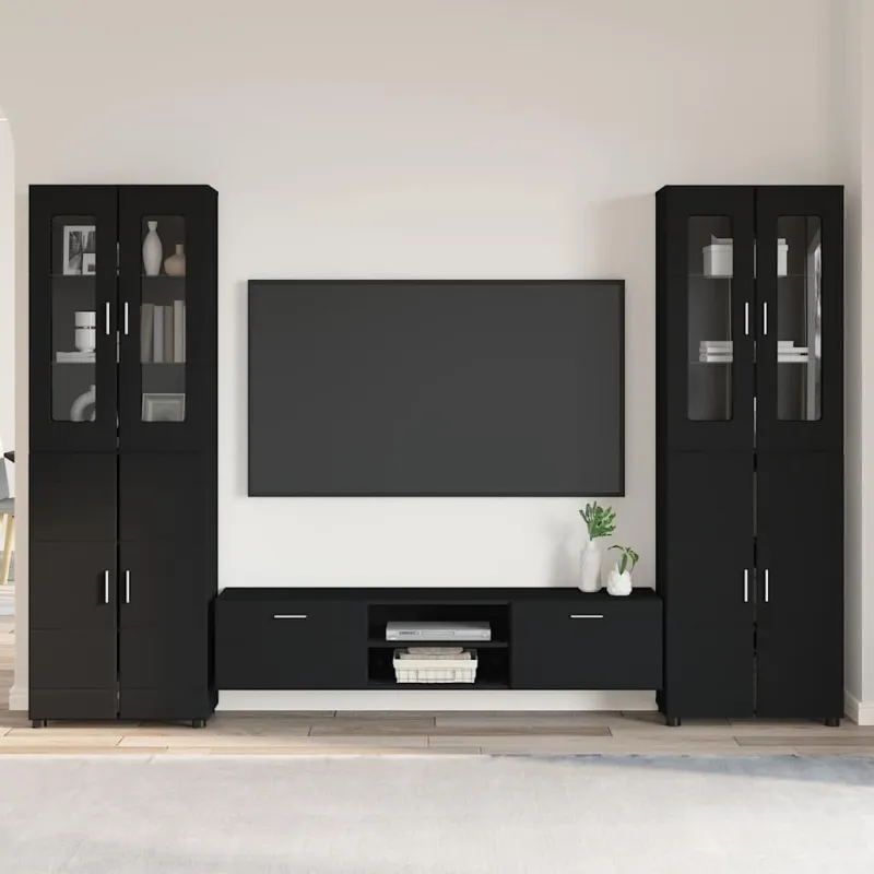 TV spintelių komplektas FLORIN 3 pcs Juoda Apdirbta mediena