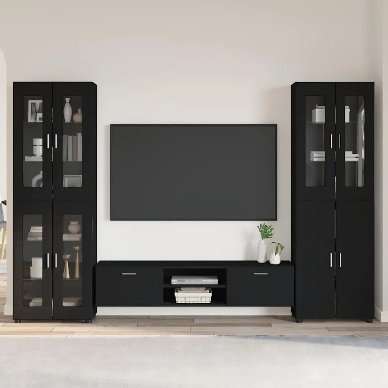 TV spintelių komplektas FLORIN 3 pcs Juoda Apdirbta mediena