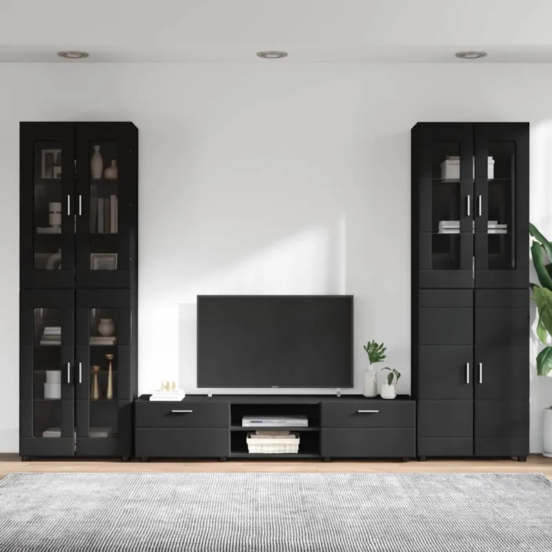 TV spintelių komplektas FLORIN 3 pcs Juoda Apdirbta mediena