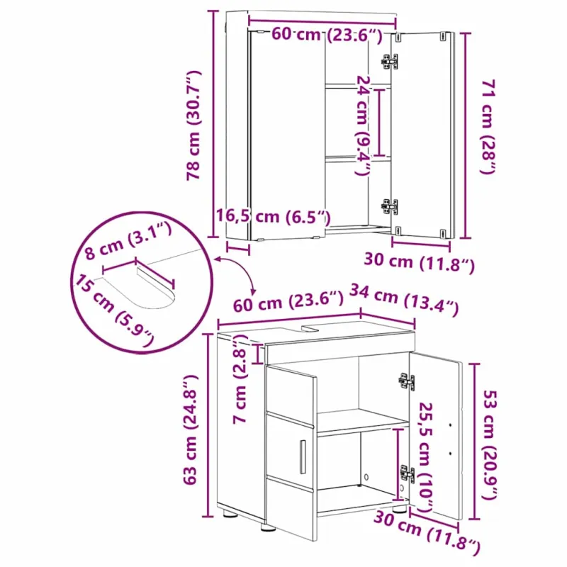 Vonios baldų rinkinys TULUM 3 pcs Pilkas Sonoma 60 x 34 x 63 cm