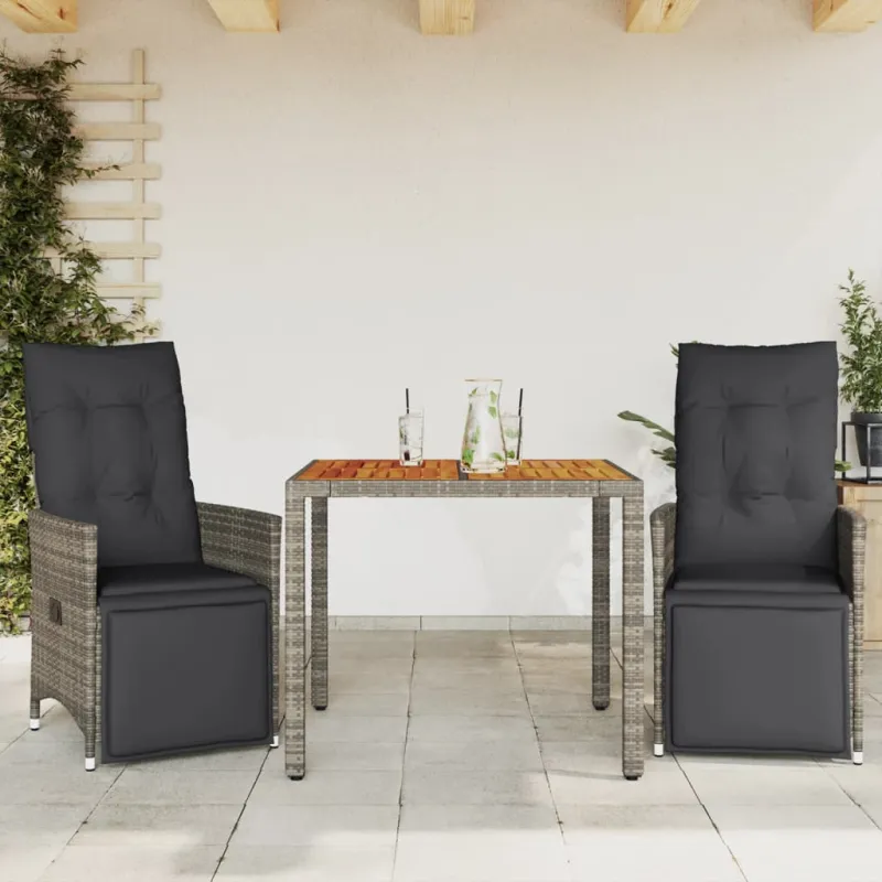 Bistro-Setti pehmusteilla, 3-os osat, harmaa, polyrattaniâ