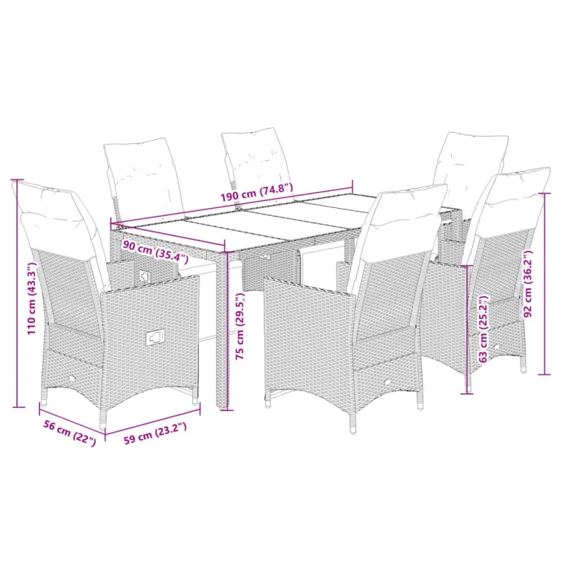 Bistro-Setti pehmusteilla, 7-os osia, harmaa, polyrattaniâ