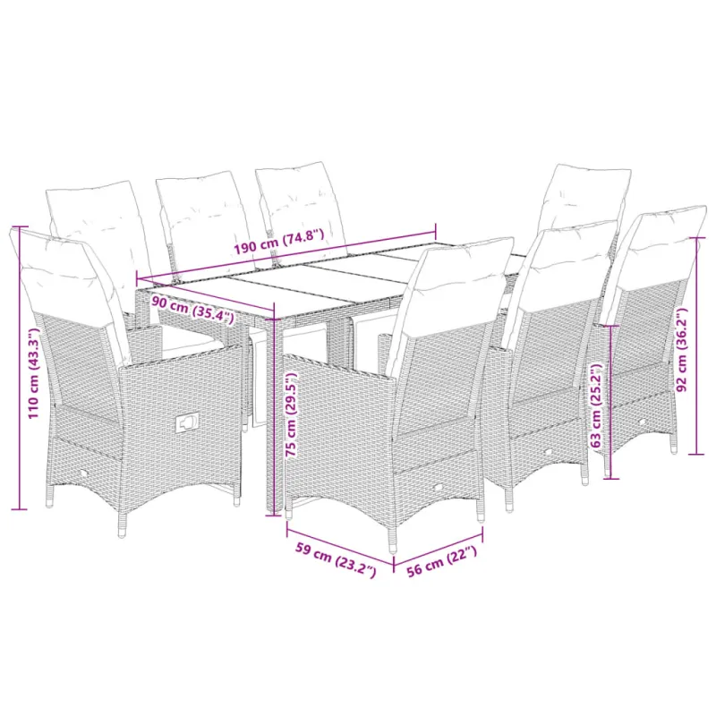 Bistro-Setti pehmusteilla, 9-os osat, harmaa, polyrattani