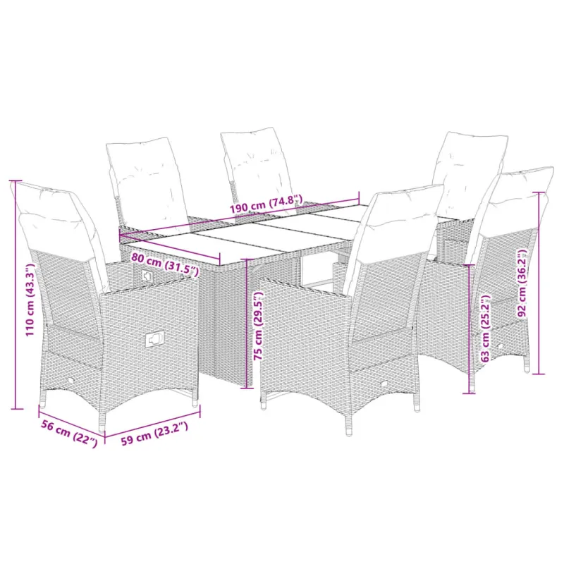 Bistro-Setti pehmusteilla, 7-os osia, harmaa, polyrattani