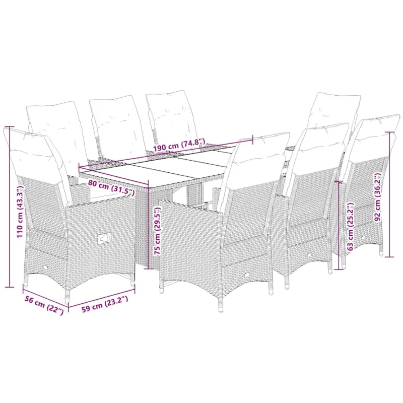 Bistro-Setti tyynyillä, 9 osaa, harmaa, polyrattana