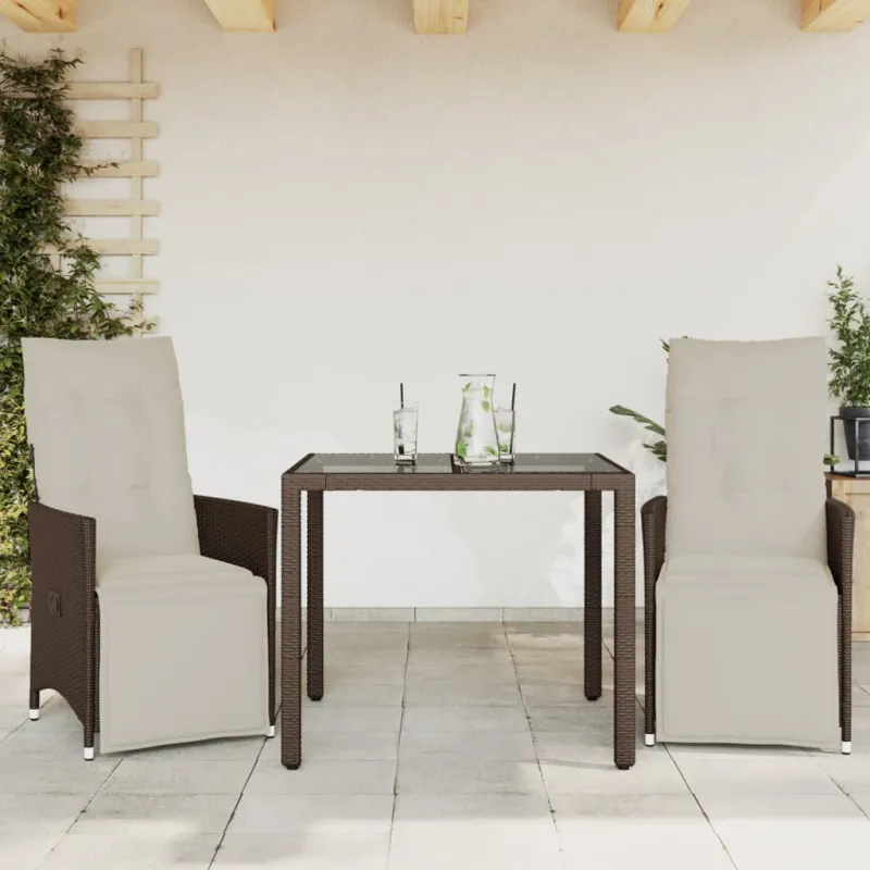 Bistro-Setti pehmusteilla, 3-os osat, ruskea, polyrattani